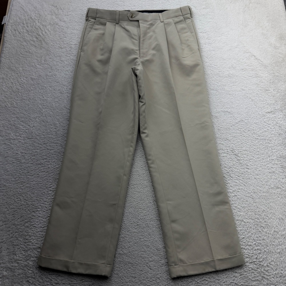 Perry Ellis Portfolio Mens 34x29 Straw Beige Folio-Flex Pleated Dress Pants NWT